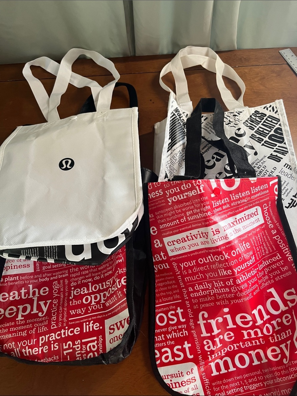 Lot of 4 Lululemon Reusable Tote Bag Set - White, Black & Red